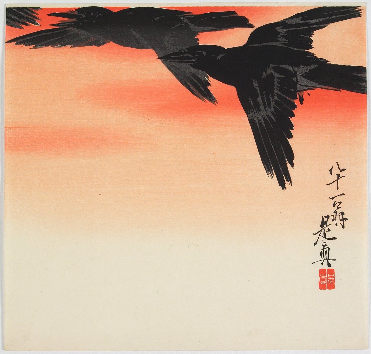 Krager, der flyver ved solnedgang af Shibata Zeshin