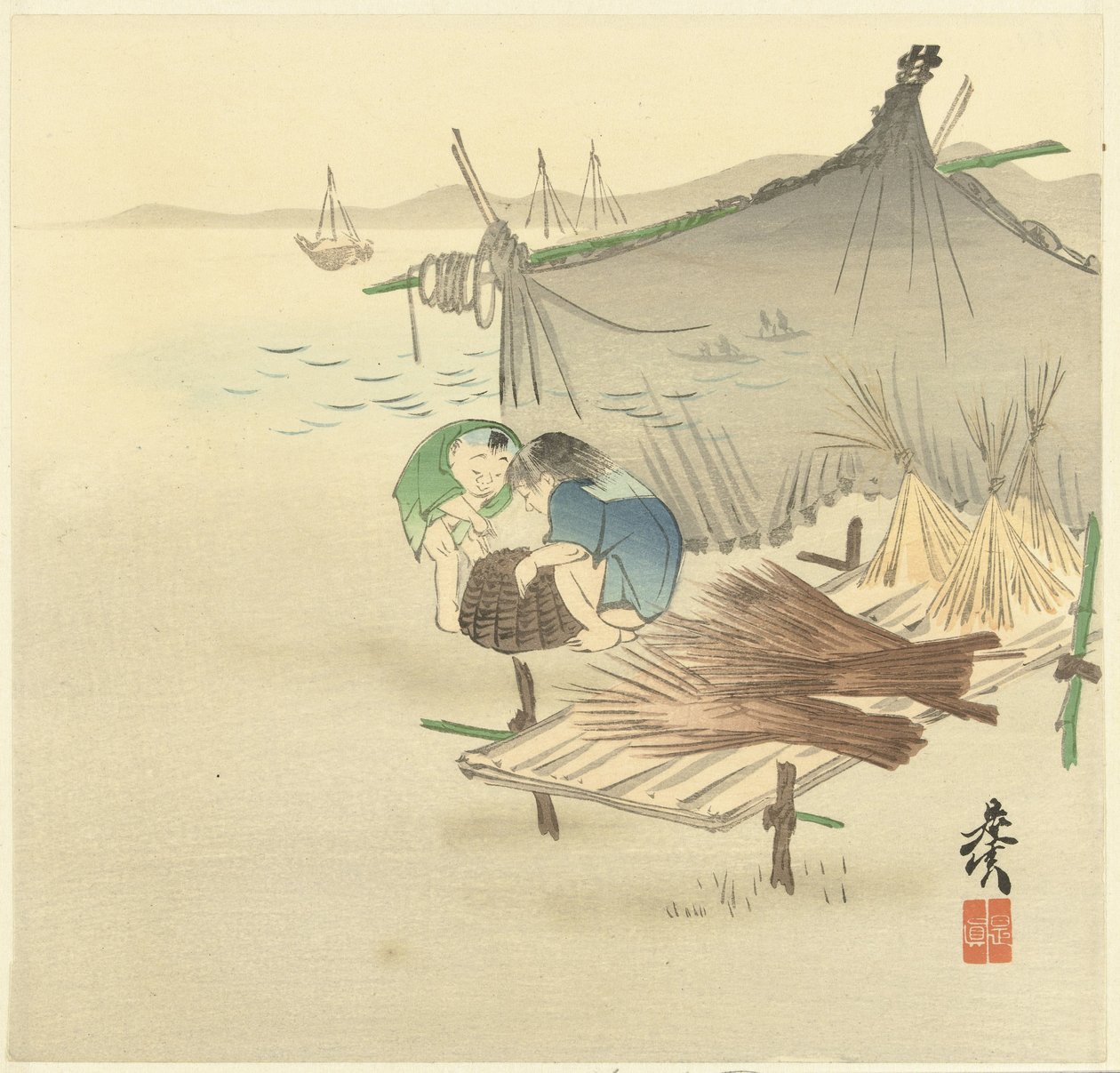 Børn ved et fiskenet af Shibata Zeshin