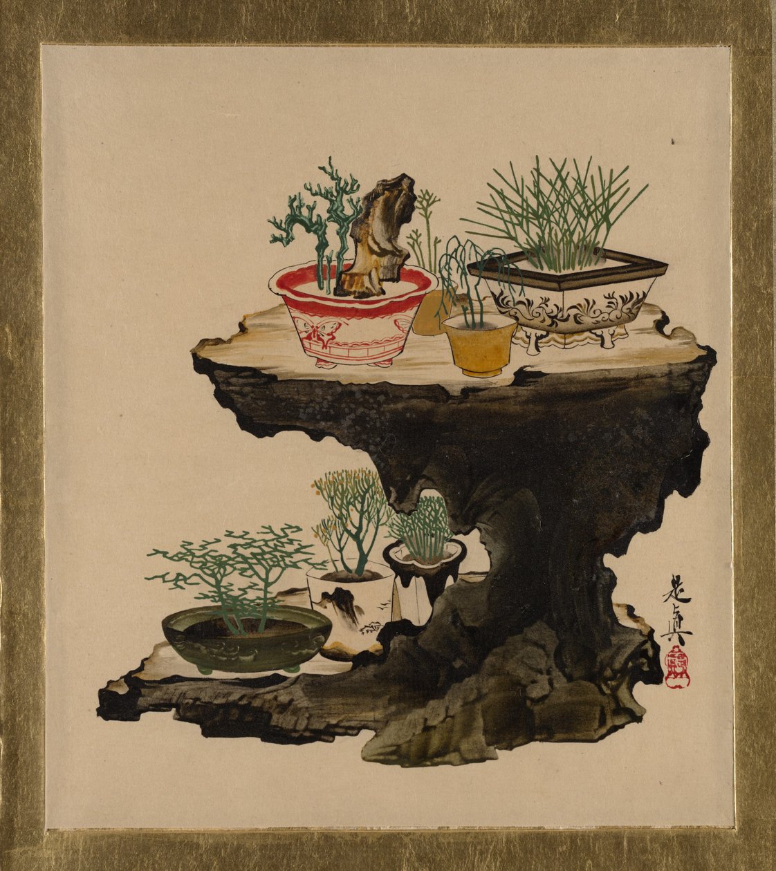 Lakmalerier med forskellige motiver: bonsai af Shibata Zeshin