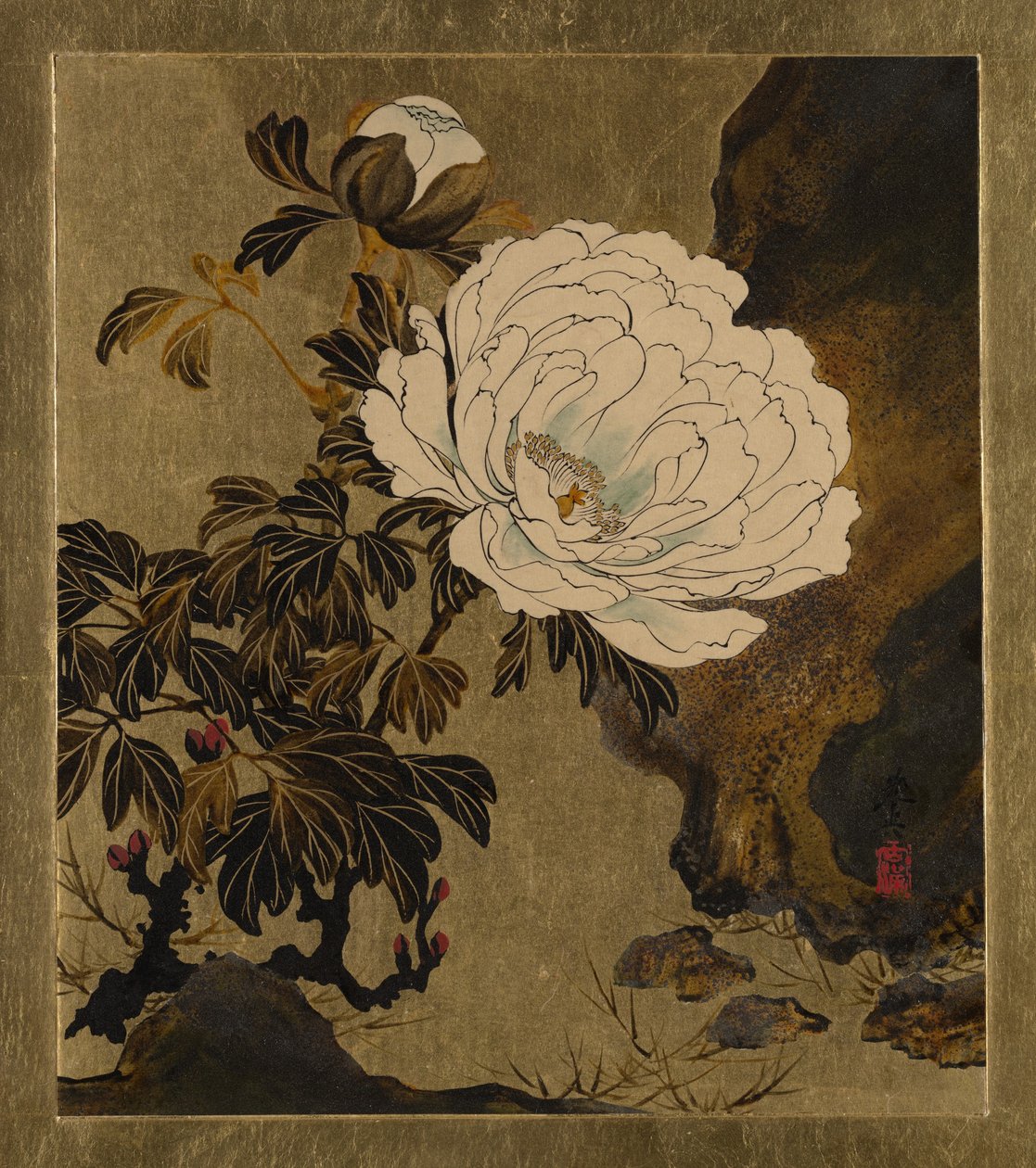 Lakmalerier af forskellige emner: pæoner, 1882. af Shibata Zeshin