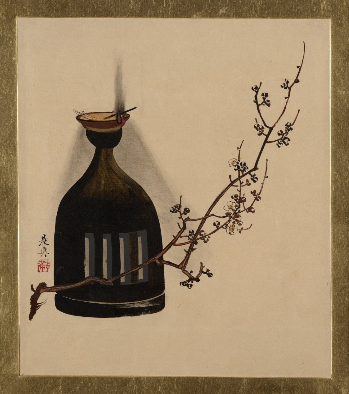 Lakmalerier af forskellige emner: blommegren med olielampe, 1882. af Shibata Zeshin