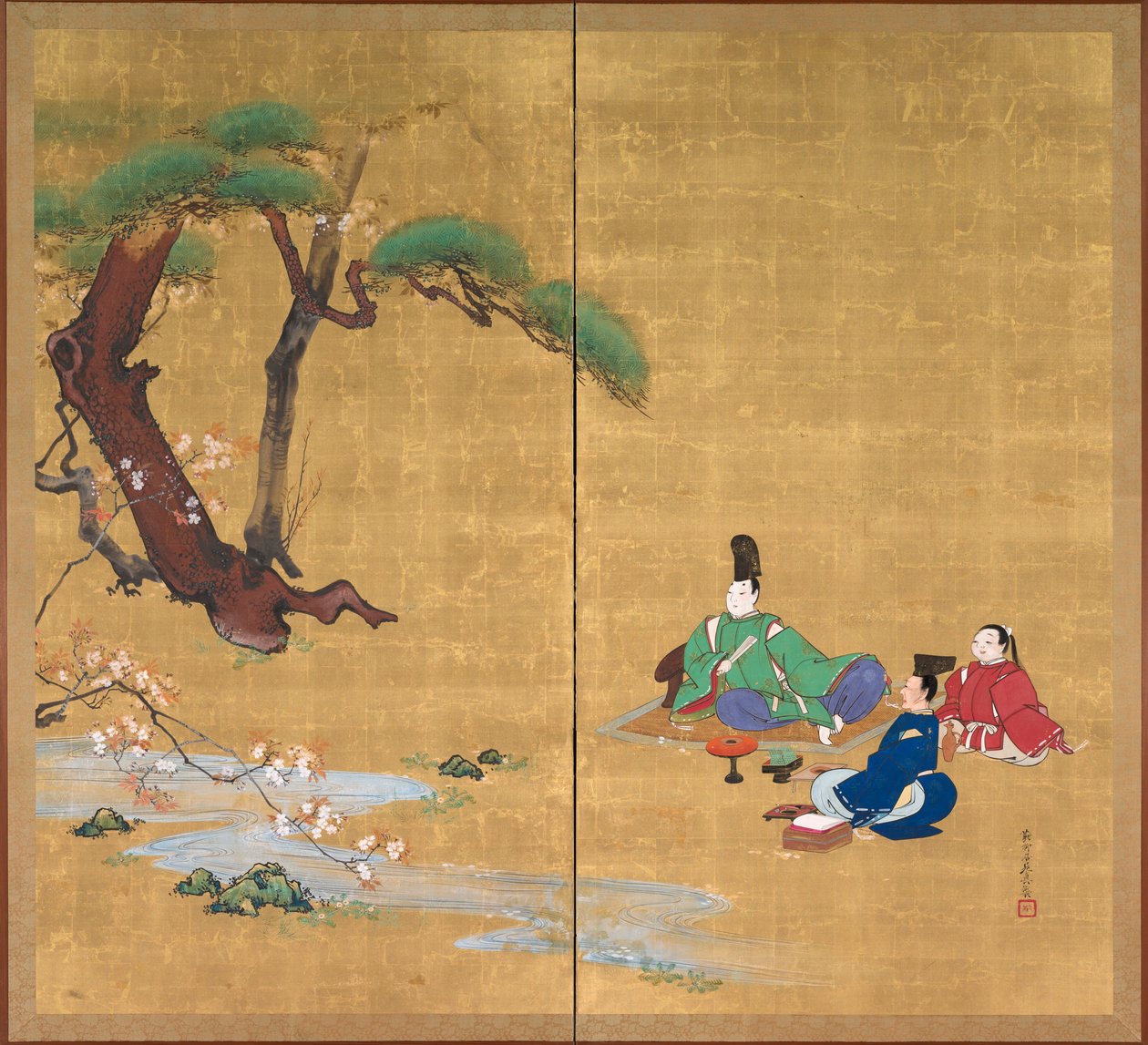 Narihira Viewing the Cherry Blossoms, To-panel foldeskærm, slutningen af 1800-tallet (blæk, farve, lak og guld på silke) af Shibata Zeshin