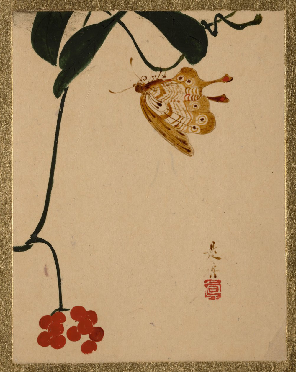 Rød bærplante og sommerfugl. af Shibata Zeshin