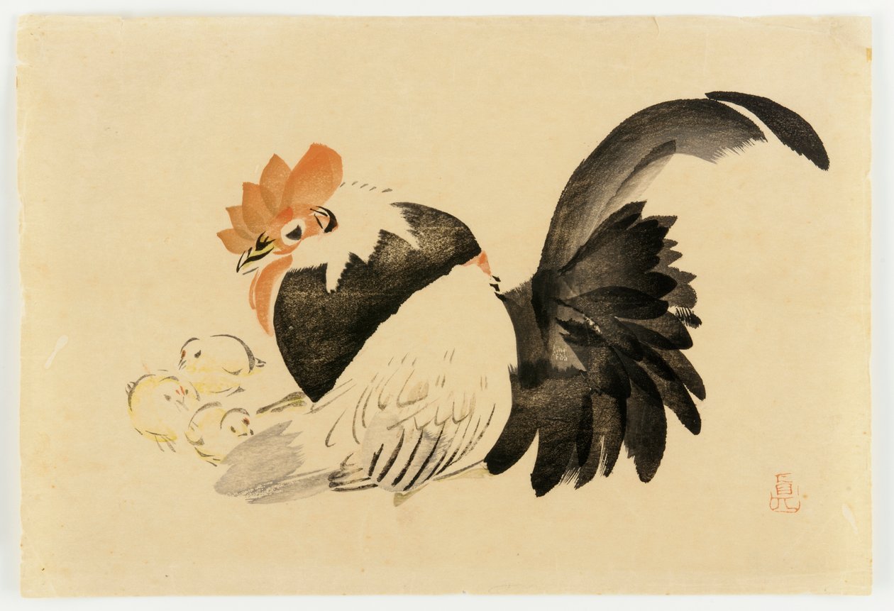 Hane, høne og kyllinger, Meiji-æraen, 1870-79 (farve-træsnit) af Shibata Zeshin