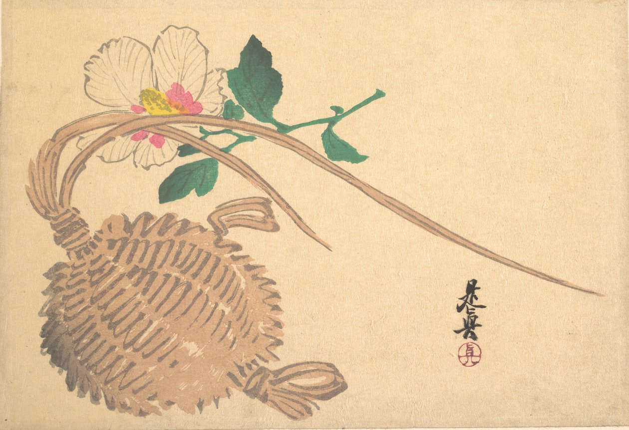 Halmkurv til fisk og mokugeblomst, ca. 1875., ca. 1875. af Shibata Zeshin