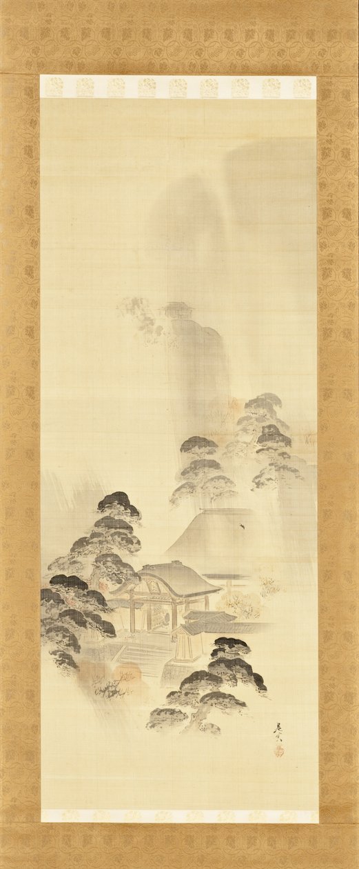 Tempel i efterårsregn af Shibata Zeshin
