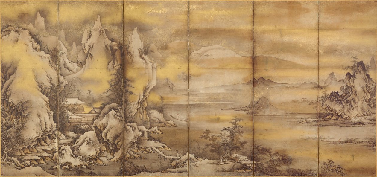 Japansk: 『式部輝忠筆 四季山水図屏風 室町時代 』 Landskab med de fire årstider, et af et par (Asian Art Museum B60D49+) af Shikibu Terutada