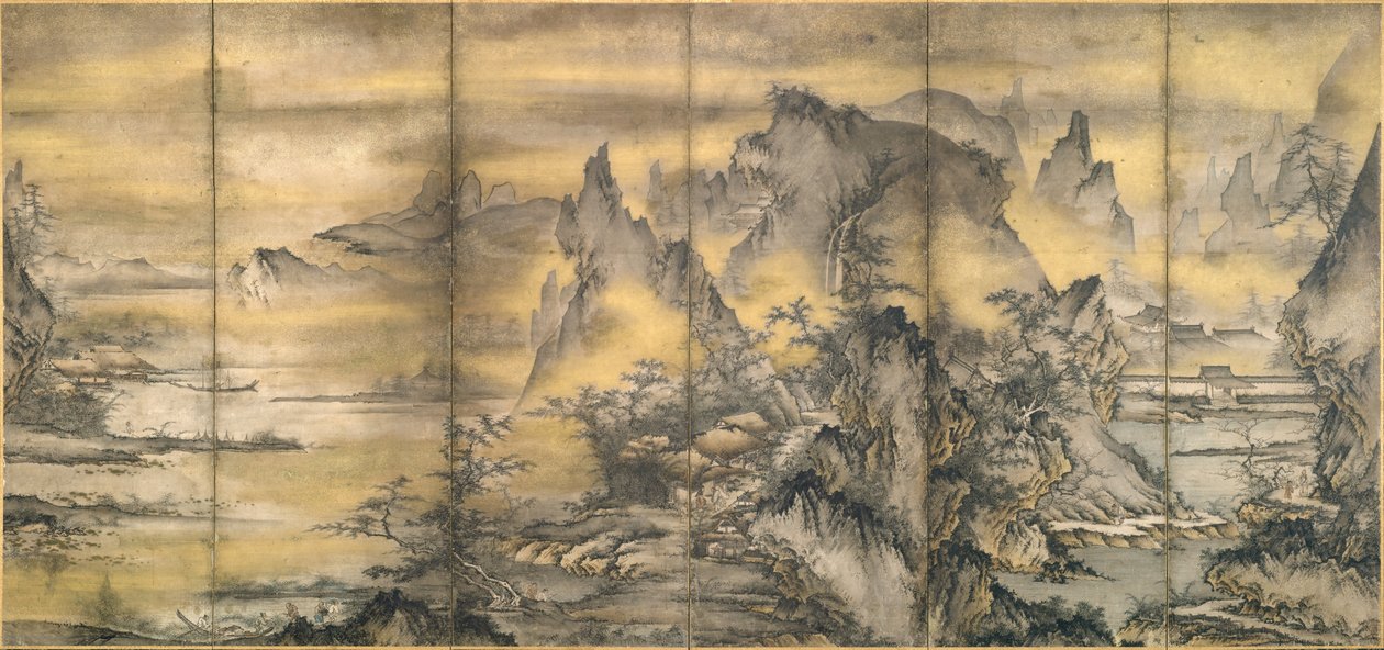 Japansk: 『式部輝忠筆 四季山水図屏風 室町時代 』 Landskab af de fire årstider, et af et par af Shikibu Terutada