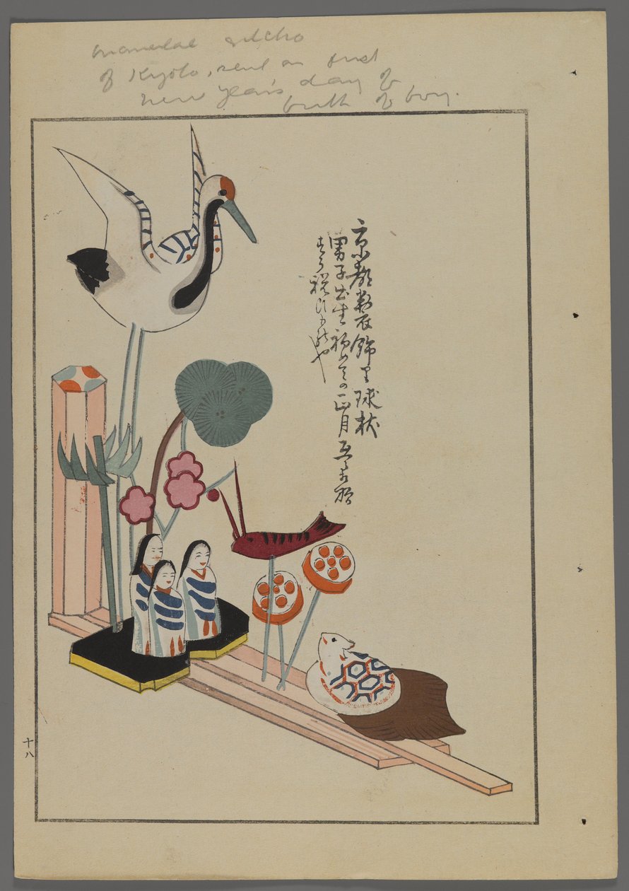 Japansk legetøj, fra Unai no tomo (A Childs Friends) af Shimizu Seifu, 1891-1923. Animeret scene med trane, mennesker, fisk, frøer, sendt på første nytårsdag for en drengs fødsel. af Shimizu Seifu