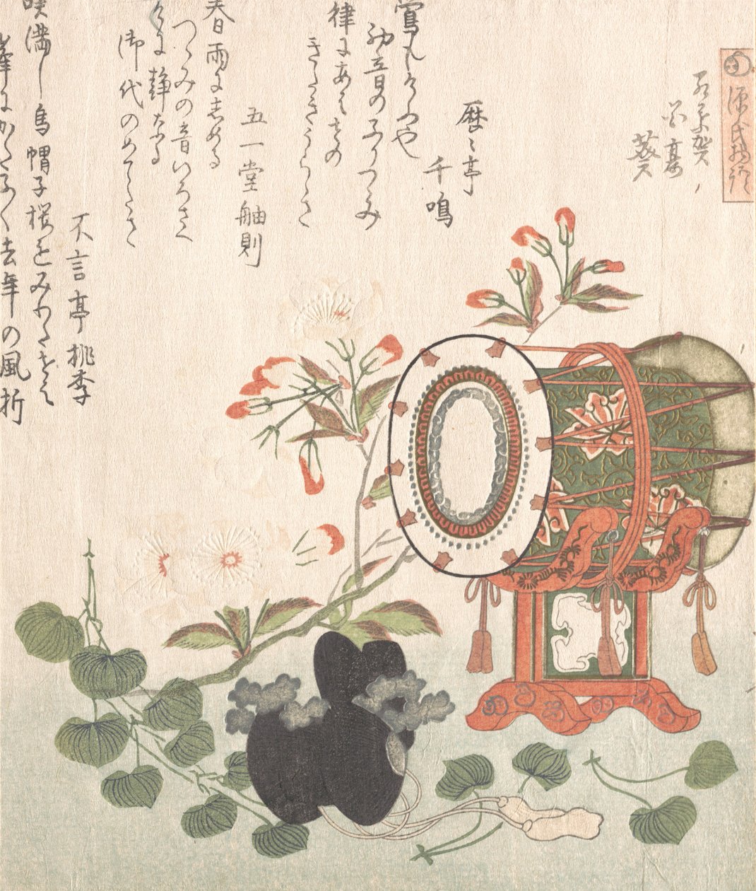 Aoi-plante, kirsebærblomster, tromme og eboshihat, der repræsenterer Aoi-kapitlet i ..., 1800-tallet. af Shinsai
