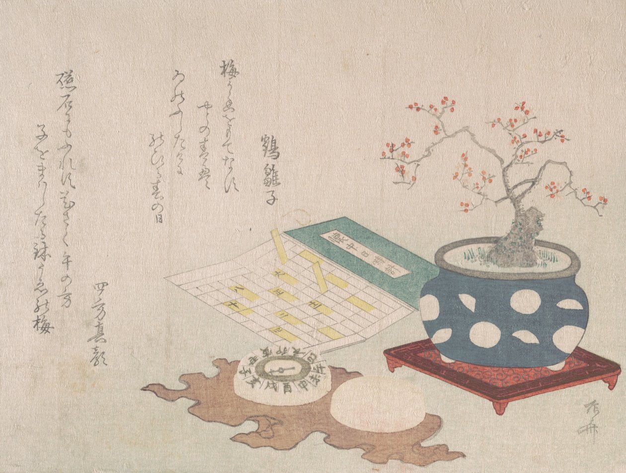 Bonsai blomme, kompas og lommesolur med design af kalender, fra Spring Rain Surimon..., 1806. af Shinsai