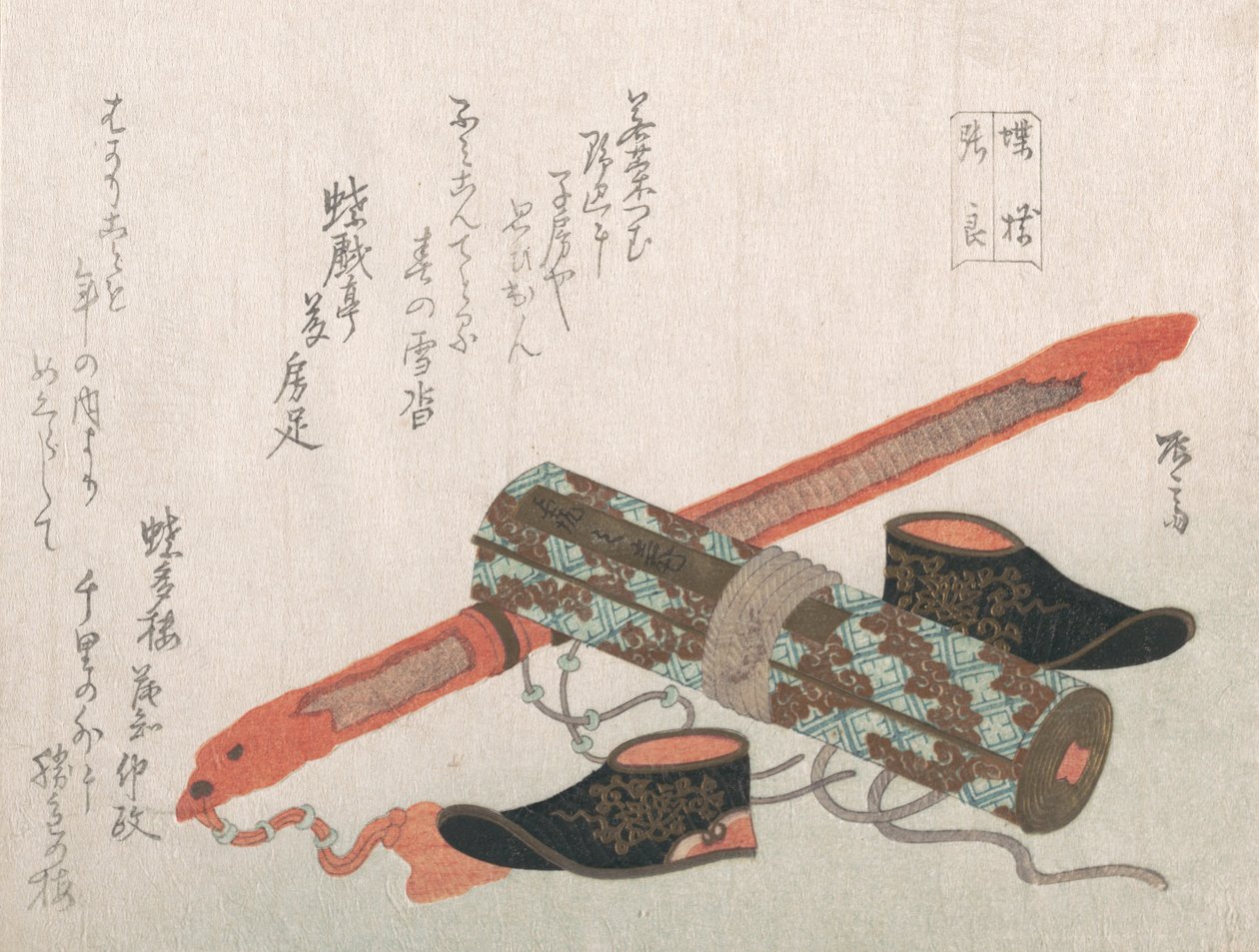 Sword, Shoes and a Scroll, der repræsenterer den kinesiske kriger Choryo, 19. århundrede., 19. århundrede. af Shinsai