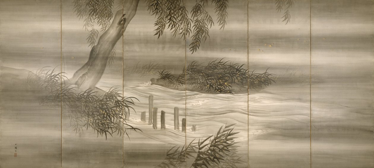 Flodlandskab med ildfluer, 1874 af Shiokawa Bunrin