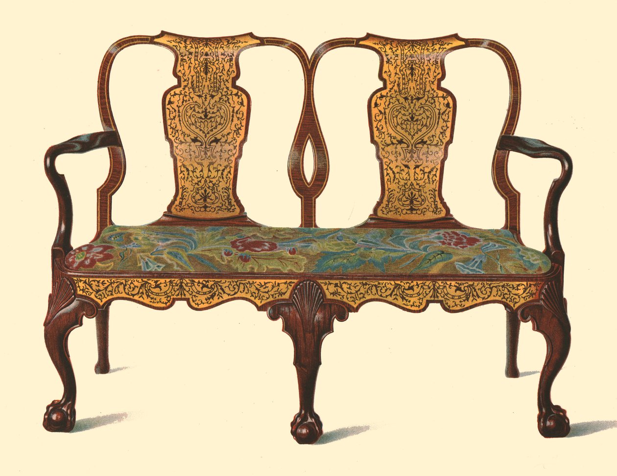 Valnøddesofa indlagt med intarsia, 1905 af Shirley Charles Llewellyn Slocombe