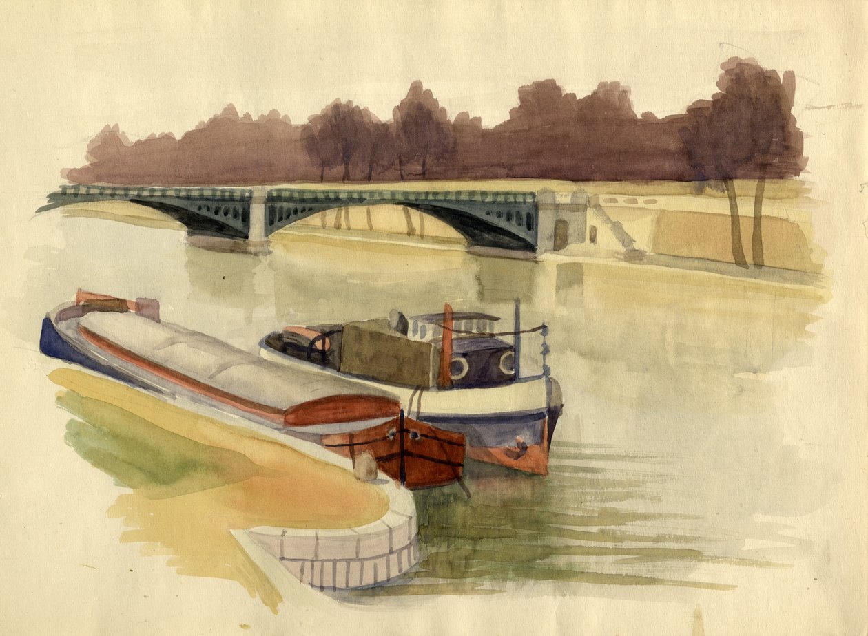 Pramme på Themsen nær Battersea Bridge, London, c1951. af Shirley Markham
