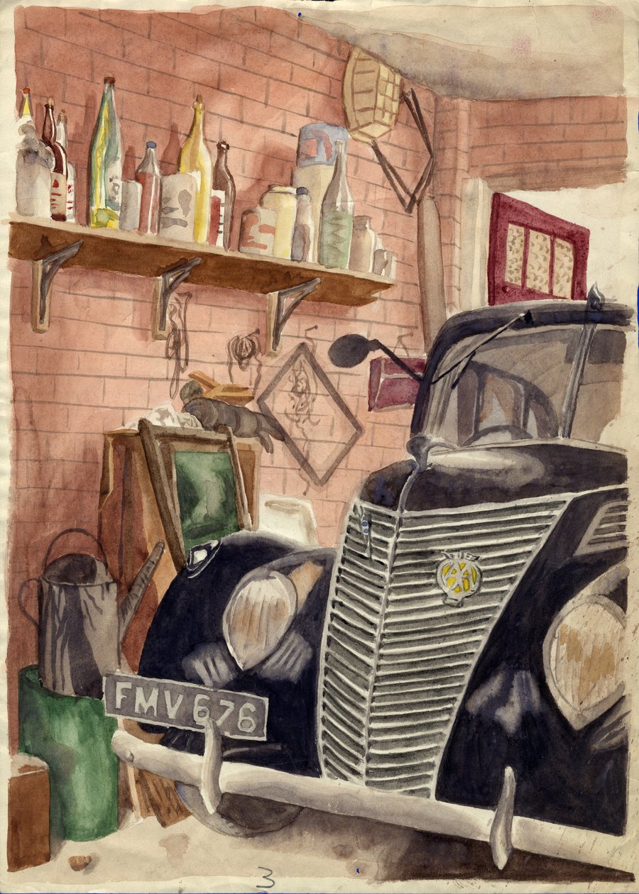 Bil i garage, c1950. af Shirley Markham