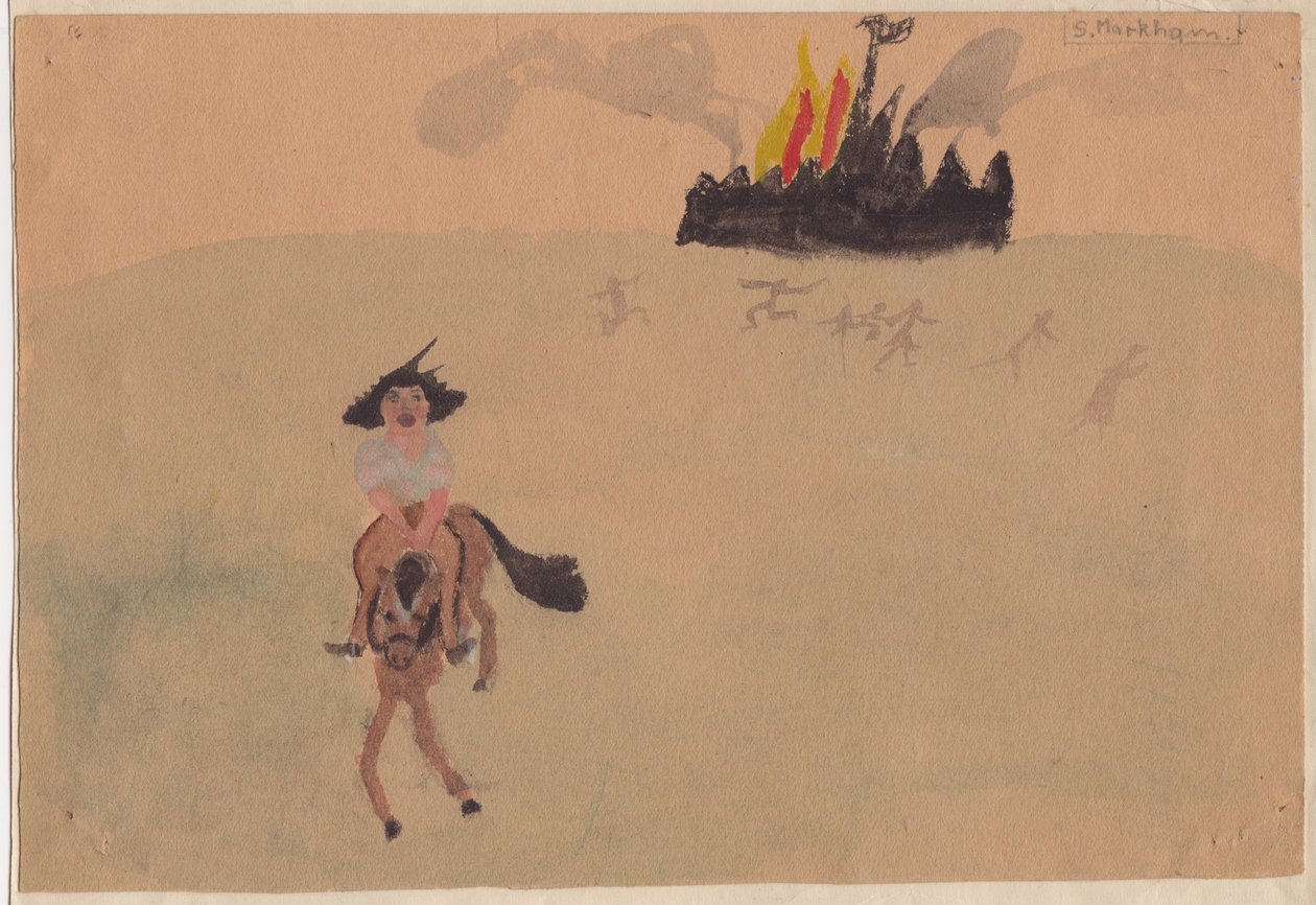 Pige på hest, der flygter fra flammende fort, c1941. af Shirley Markham