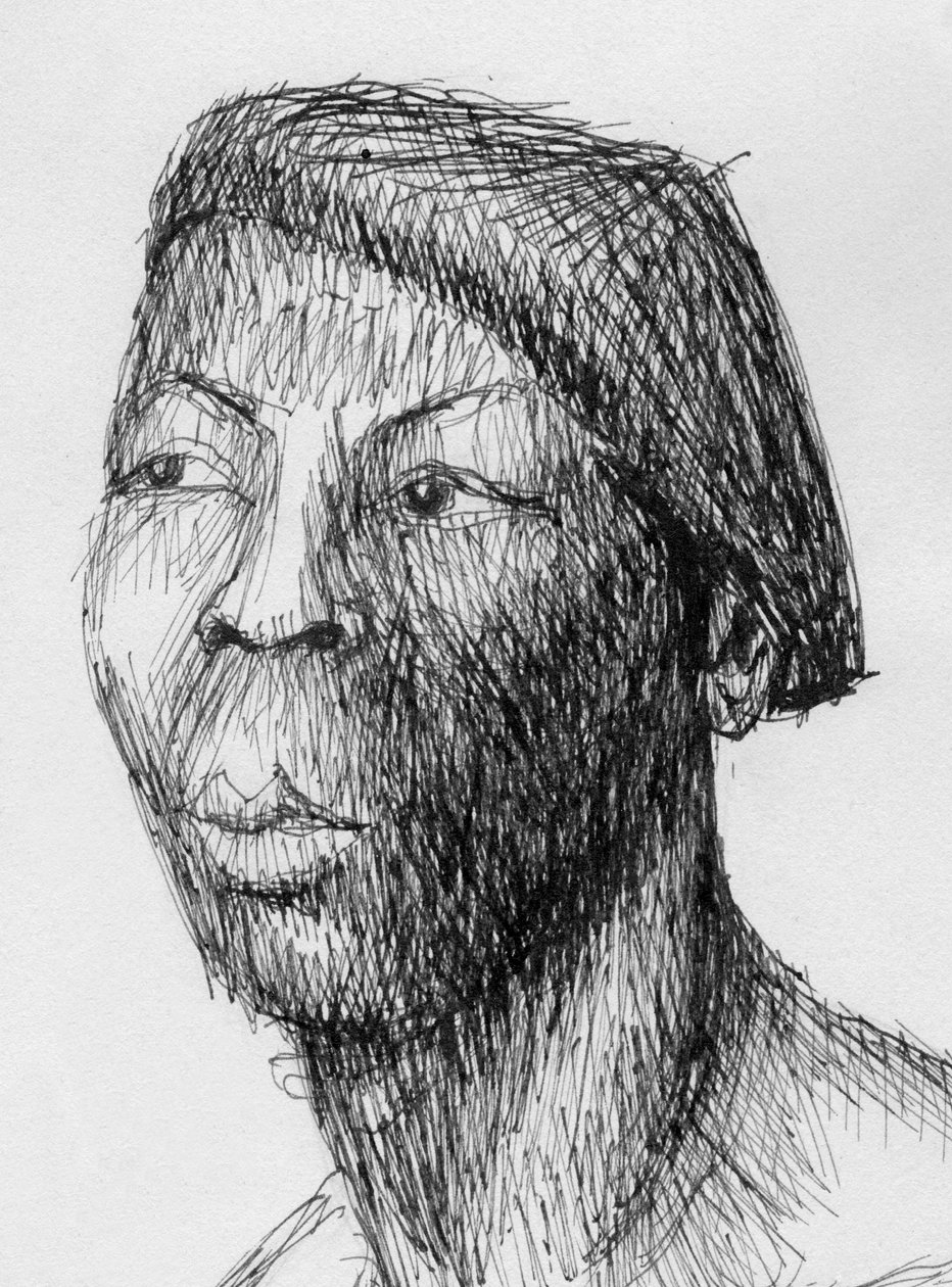 Hoved af mand iført baret, c1950. af Shirley Markham