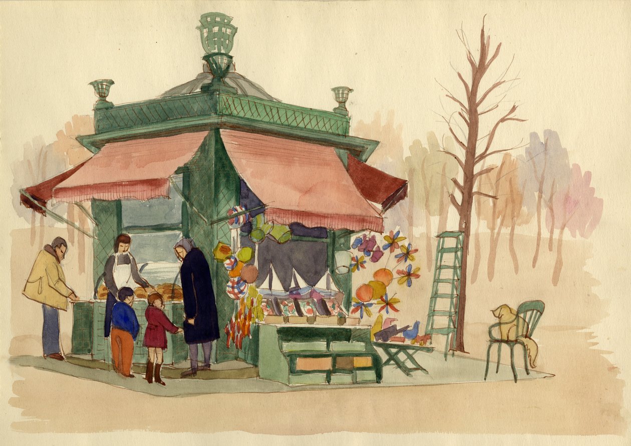 Kiosk sælger legetøj, Paris, Frankrig, c1951. af Shirley Markham