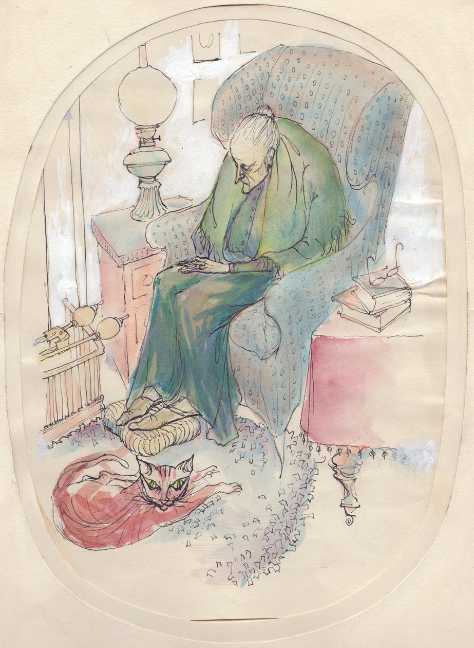 Gammel kvinde og kat, 1951. af Shirley Markham