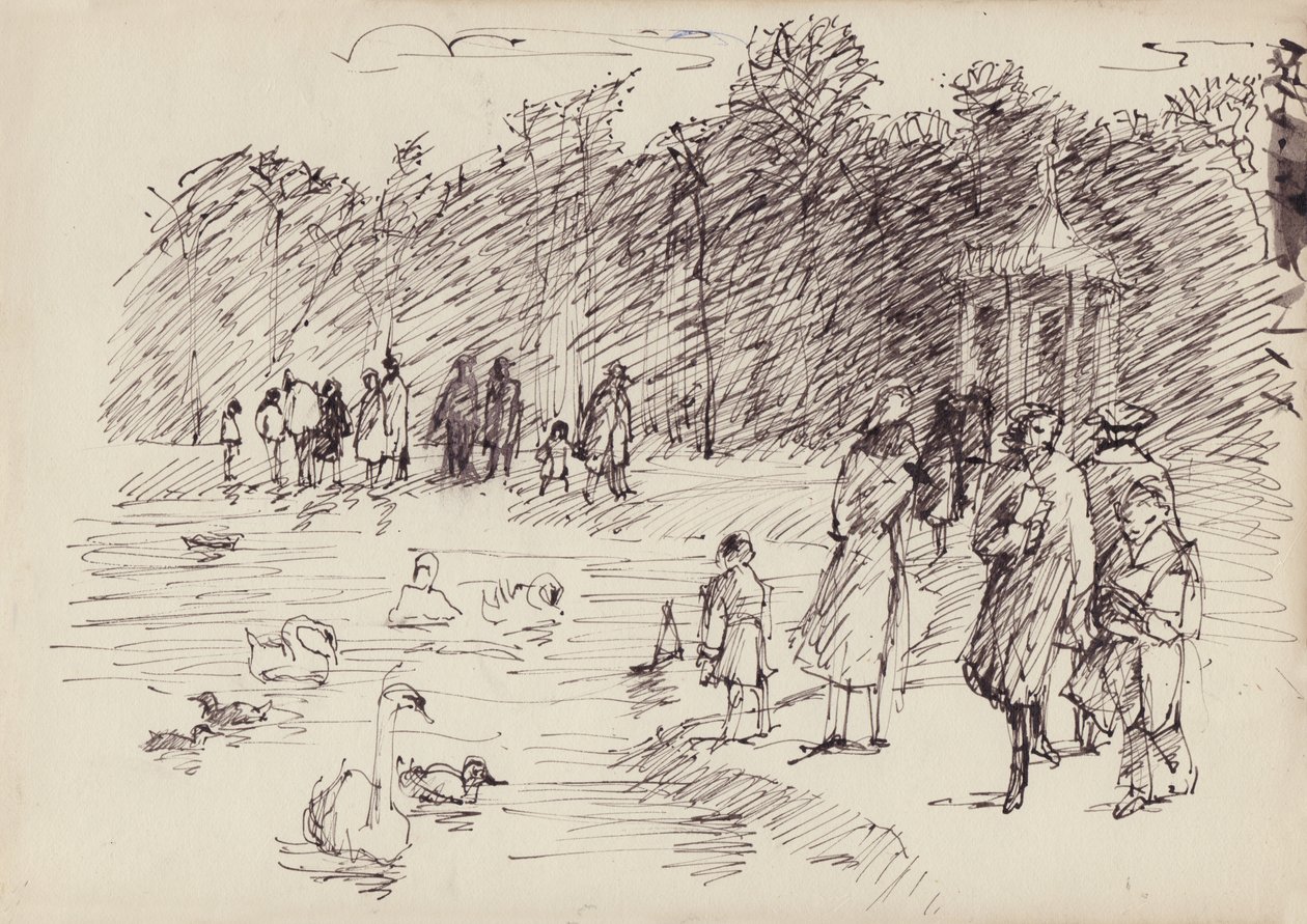 Swans on the Round Pond i Kensington Gardens, London, c1950. af Shirley Markham