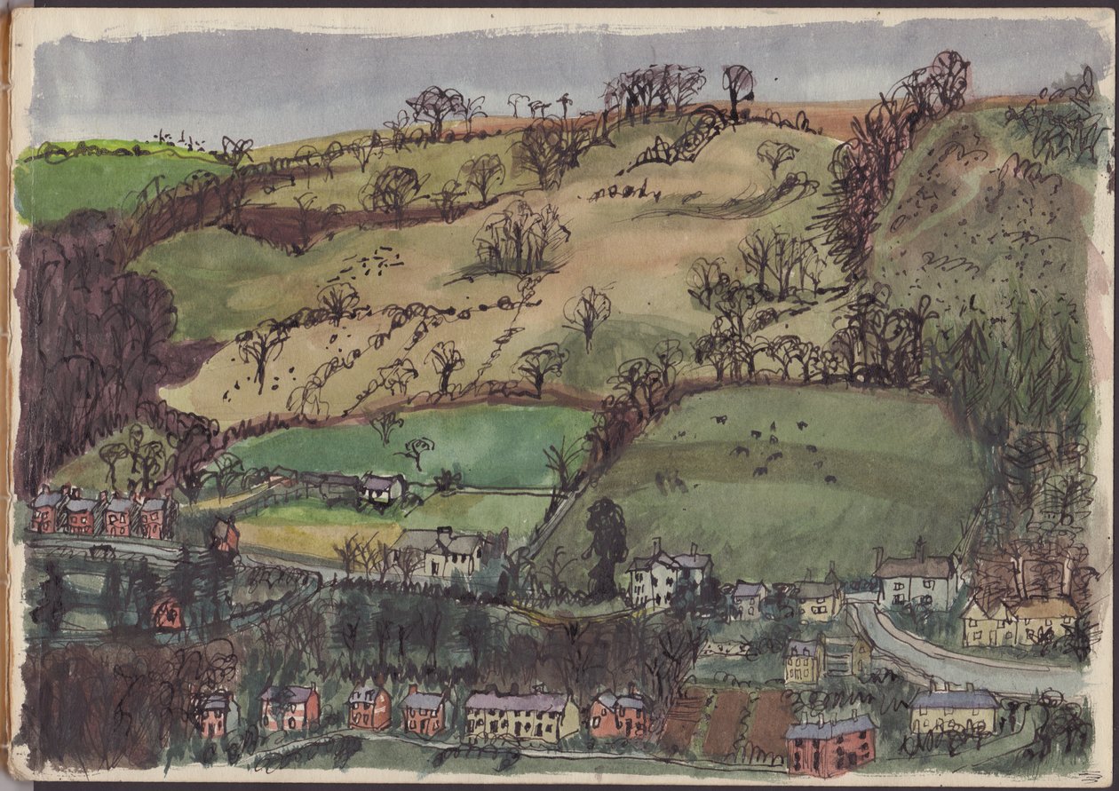 Landsby og marker, c1950. af Shirley Markham
