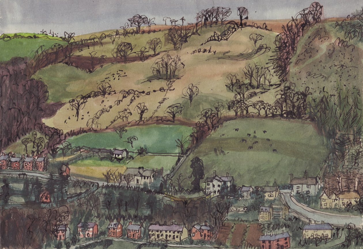 Landsby og marker, c1950. af Shirley Markham