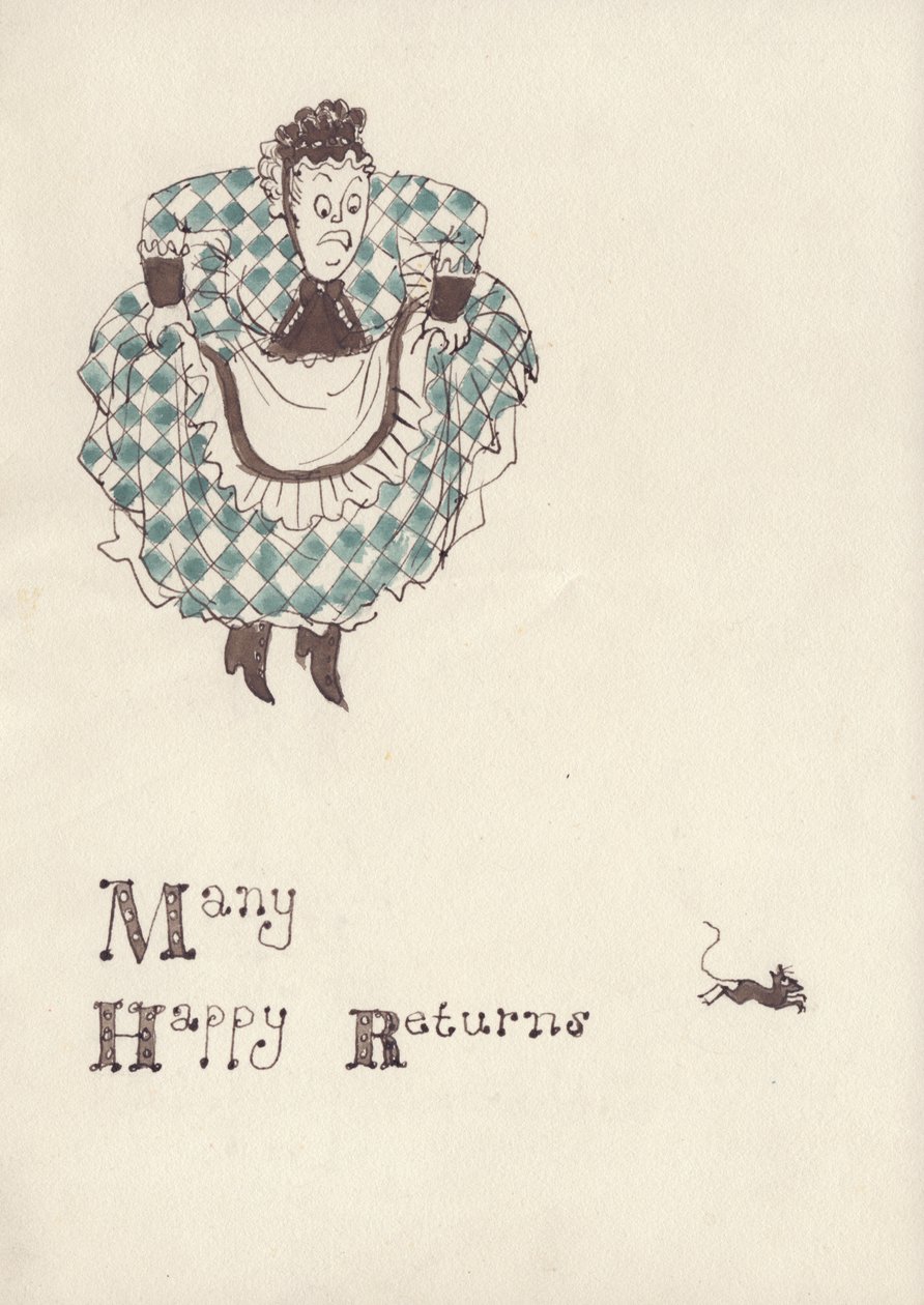 Kvinde bliver skræmt af en mus, c1950. af Shirley Markham