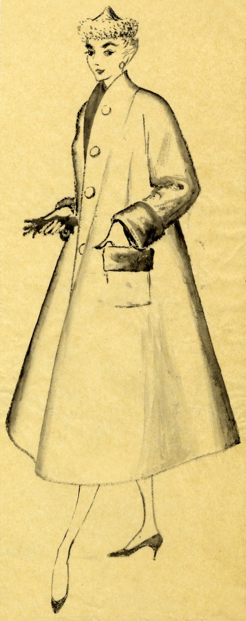 Kvinde i duster coat og spids hat, c1952. af Shirley Markham