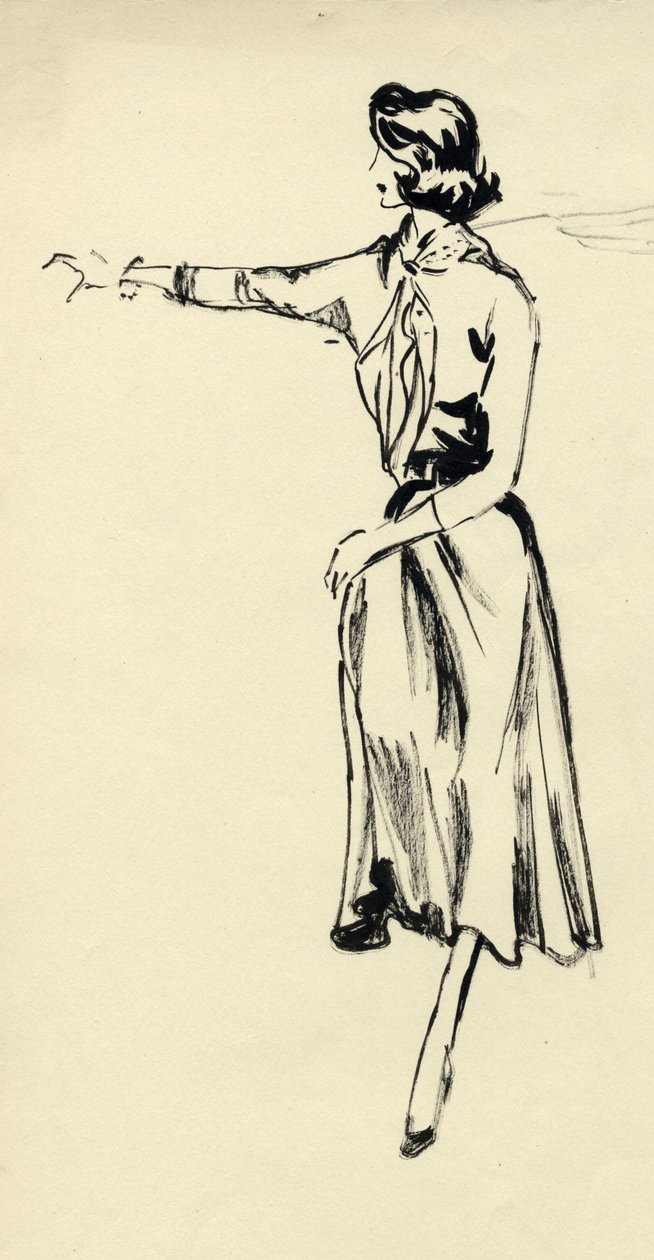 Kvinde i hel nederdel med strakt arm, c1950. af Shirley Markham