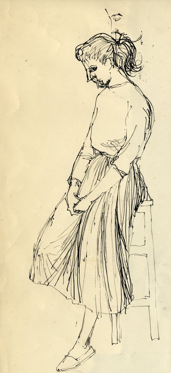 Kvinde sidder på en skammel, c1950. af Shirley Markham