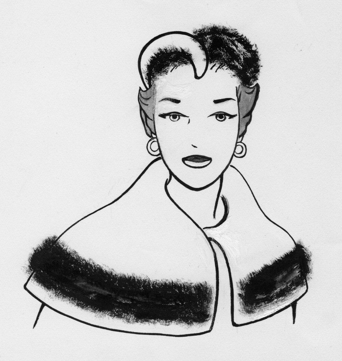 Kvinde med pelsklippet kappe og tilhørende hat, c1950. af Shirley Markham