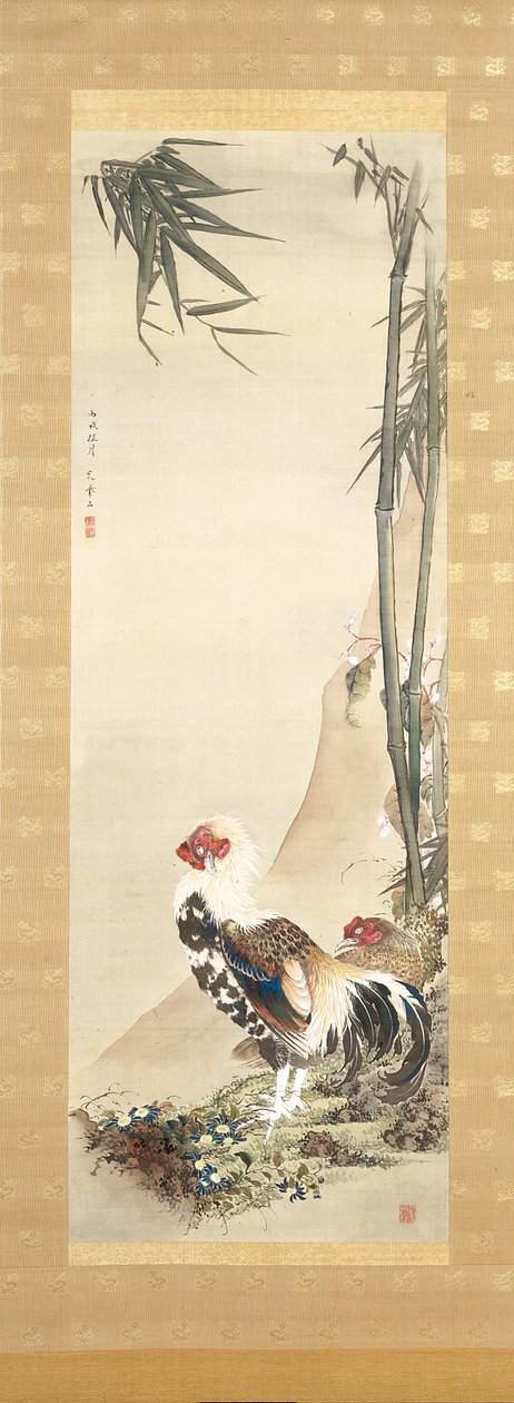 Cock And Hen (blæk og farve på silke) af Shiseki So Kankaku