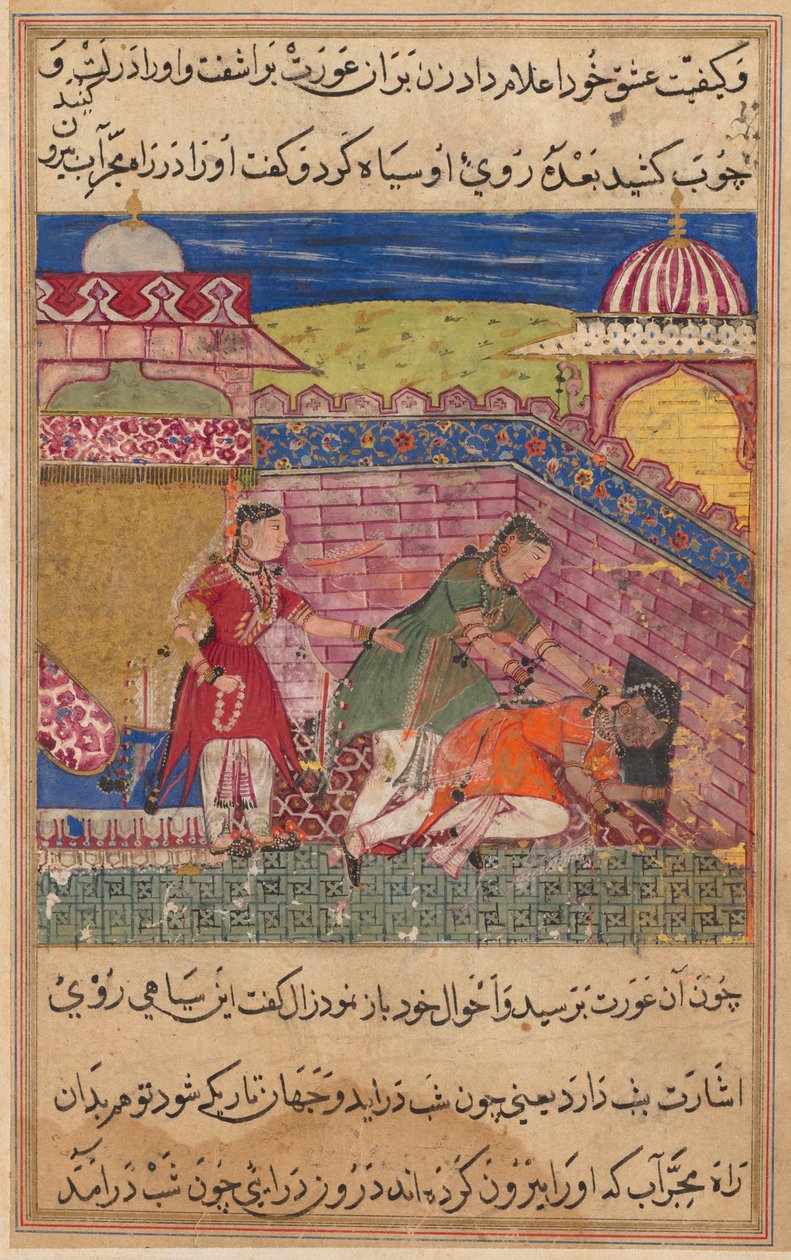 Side fra Fortællinger om en papegøje Tuti-nama: Ottende nat: Den bedrageriske kone skubber ud..., 1558-1560. af Shravana