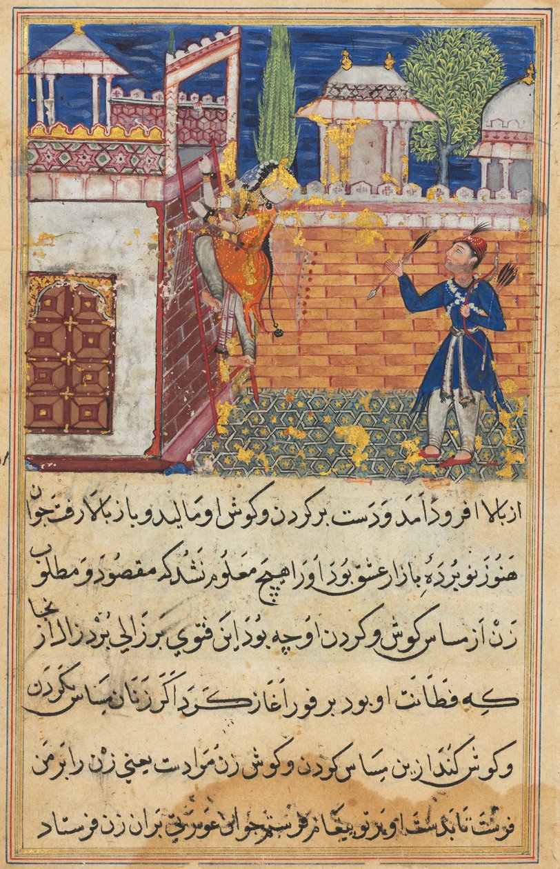 Side fra Tales of a Parrot Tuti-nama: Ottende nat: Den bedrageriske hustru vender tilbage..., 1558-1560. af Shravana