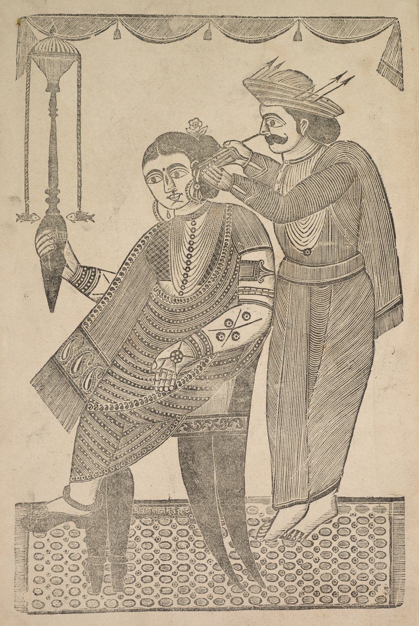 En frisør, der renser øret af en kurtisane, 1800-tallet. af Shri Gobinda Chandra Roy