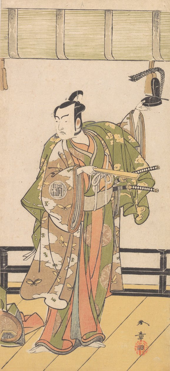 Arashi Sangoro som en samurai, der står på verandaen til et stort hus, 1774 eller 1775. af Shunsho