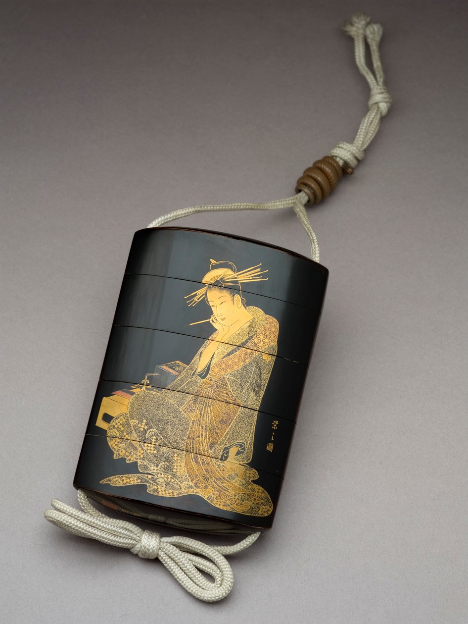 Inro, der skildrer kurtisanen Morokoshi fra Echizen-ya, der skriver et brev, 1800-tallet af Shunsho