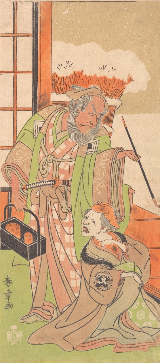 Scene fra anden akt af dramaet Kawaranu Hana Sakae Hachinoki, 12. måned, 1769. af Shunsho