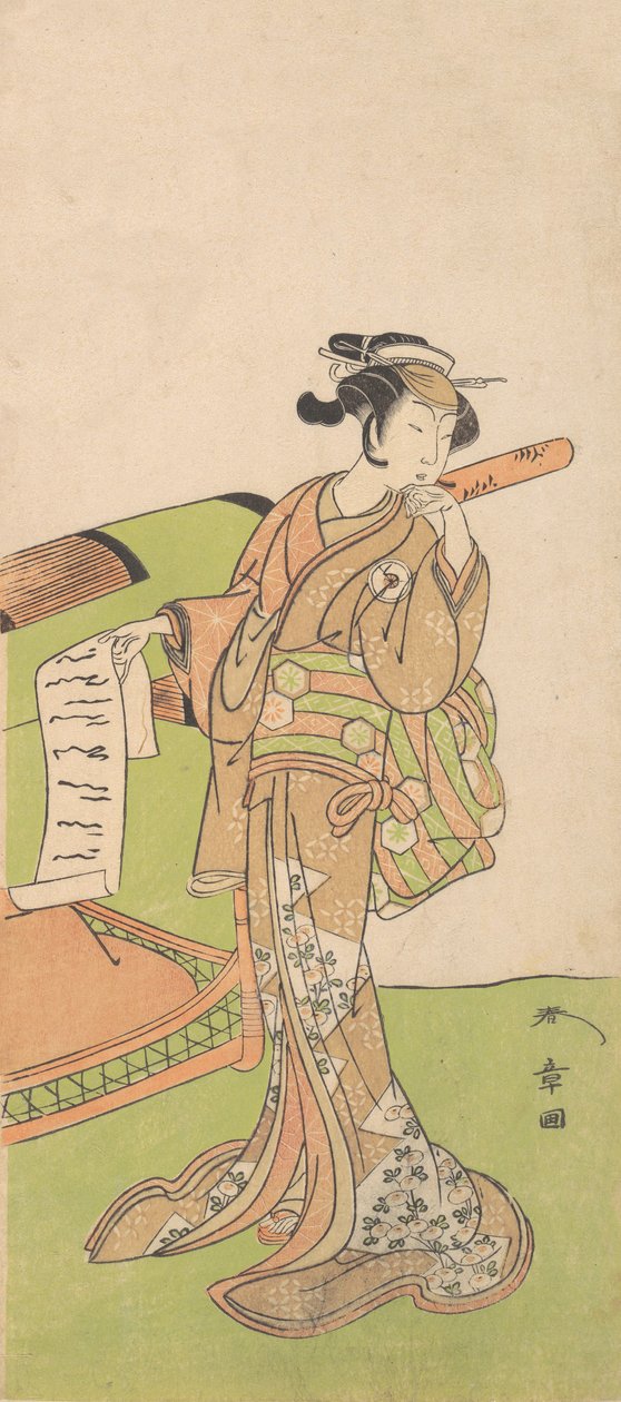 Skuespilleren Iwai Hanshiro IV i kvinderolle, Stående ved siden af et kuld, 1726-1792. af Shunsho