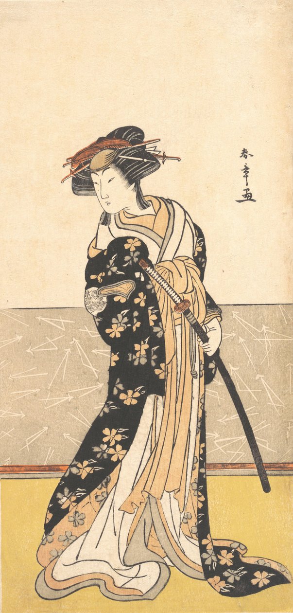 Skuespilleren Nakamura Riko, som kurtisane med et sværd, ca. 1780. af Shunsho