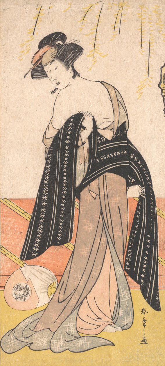Skuespilleren Nakamura Riko som en Oiran, der binder hendes Obi, ca. 1779. af Shunsho