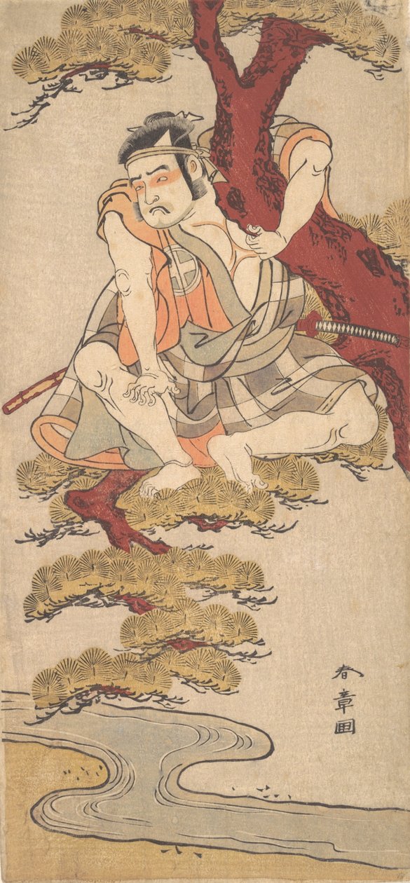 Skuespilleren Otani Hiroemon III ser fra grenene af et fyrretræ..., ca. 1775. af Shunsho