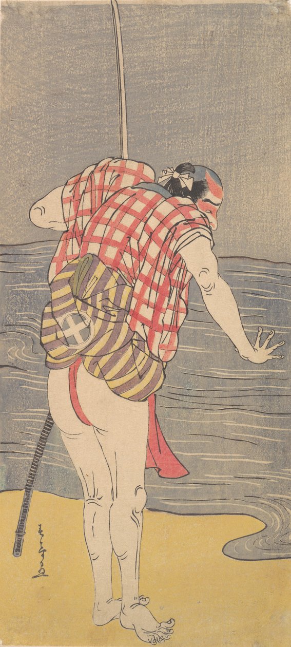 Skuespilleren Otani Hiroemon III som mand klar til at vade i havet med et trukket sværd, ca. 1775. af Shunsho