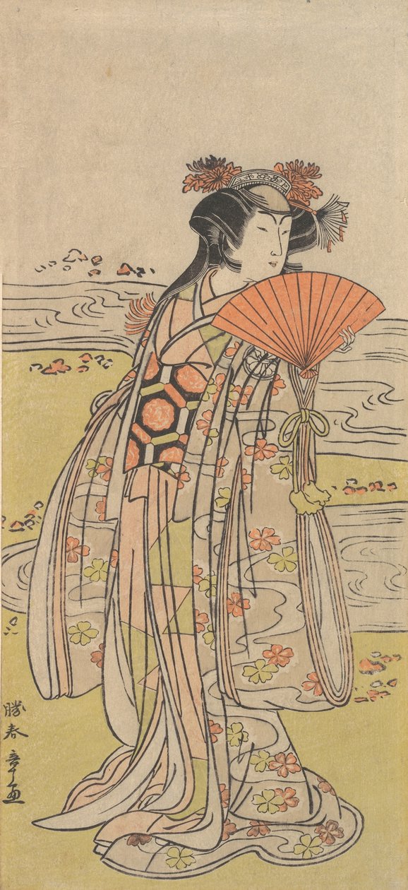 Skuespilleren Segawa Kikunojo III som en kvinde, der står nær en snoet strøm, ca. 1777. af Shunsho