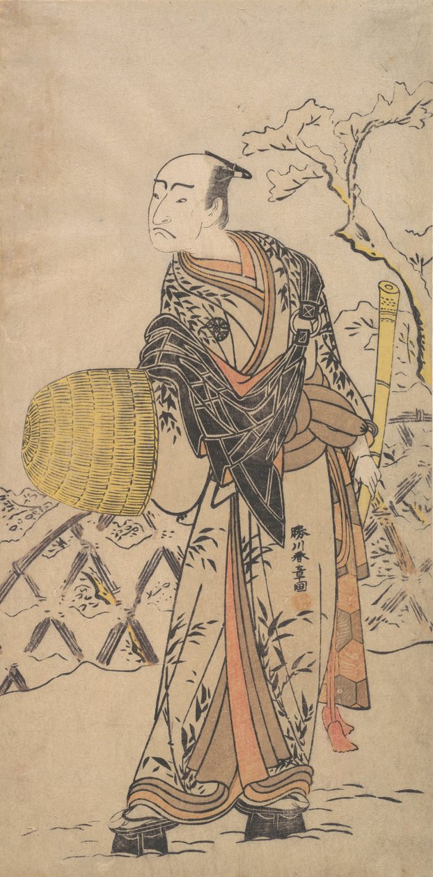 Den første Nakamura Nakazo som en Komuso, der står i sneen ved et hegn, ca. 1775. af Shunsho