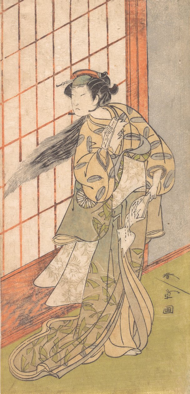 Den første Nakamura Tomijuro som en vred kvinde, der står i et værelse, 1772 eller 1773. af Shunsho