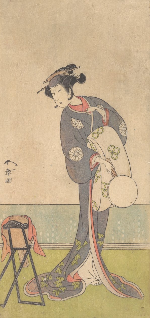 Den første Nakamura Tomijuro som en Oiran, der står i et værelse, 1771. af Shunsho
