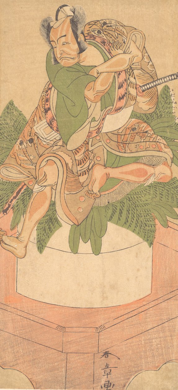 Den fjerde Ichikawa Danjuro som Yakko-tjener siddende på en stor kage af Mochi..., 1772. af Shunsho