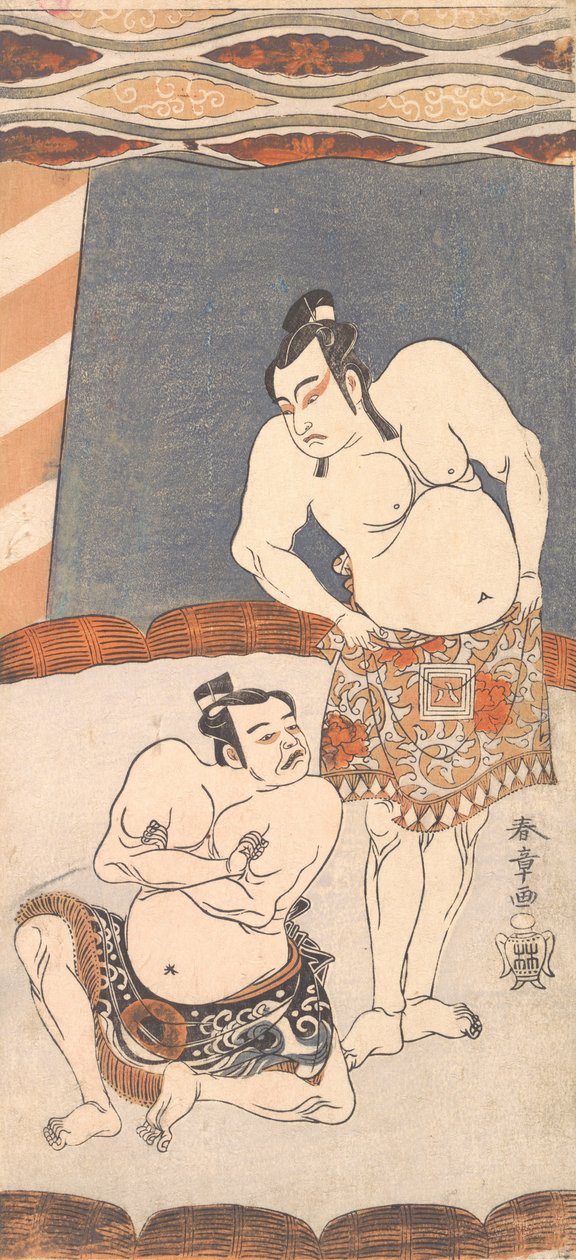 Den anden Ichikawa Yaozo som wrestler, der står i en arena, 1770. af Shunsho